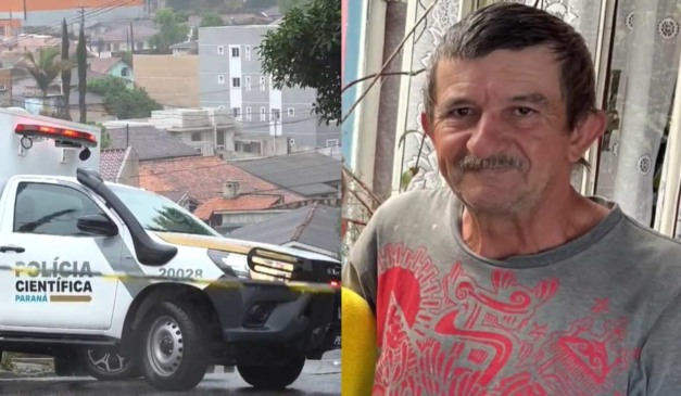 Local isolado pela polícia, onde idosa foi morta a facadas pelo filho e suspeito ao lado em montagem