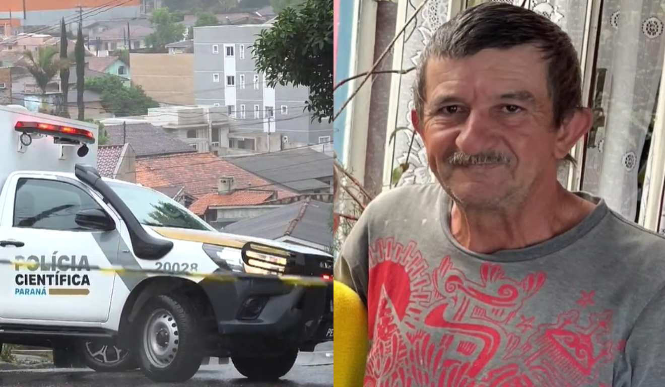 Local isolado pela polícia, onde idosa foi morta a facadas pelo filho e suspeito ao lado em montagem