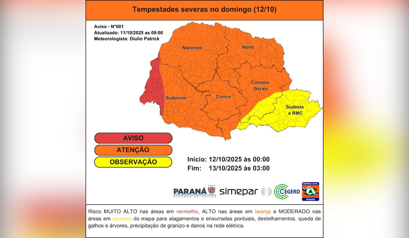 áreas do Paraná em risco para temporal e ciclone