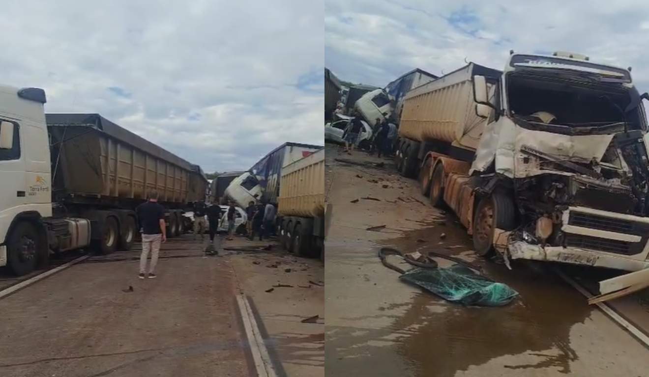 carros e caminhões batidos após grave acidente entre sete veículos na BR-163