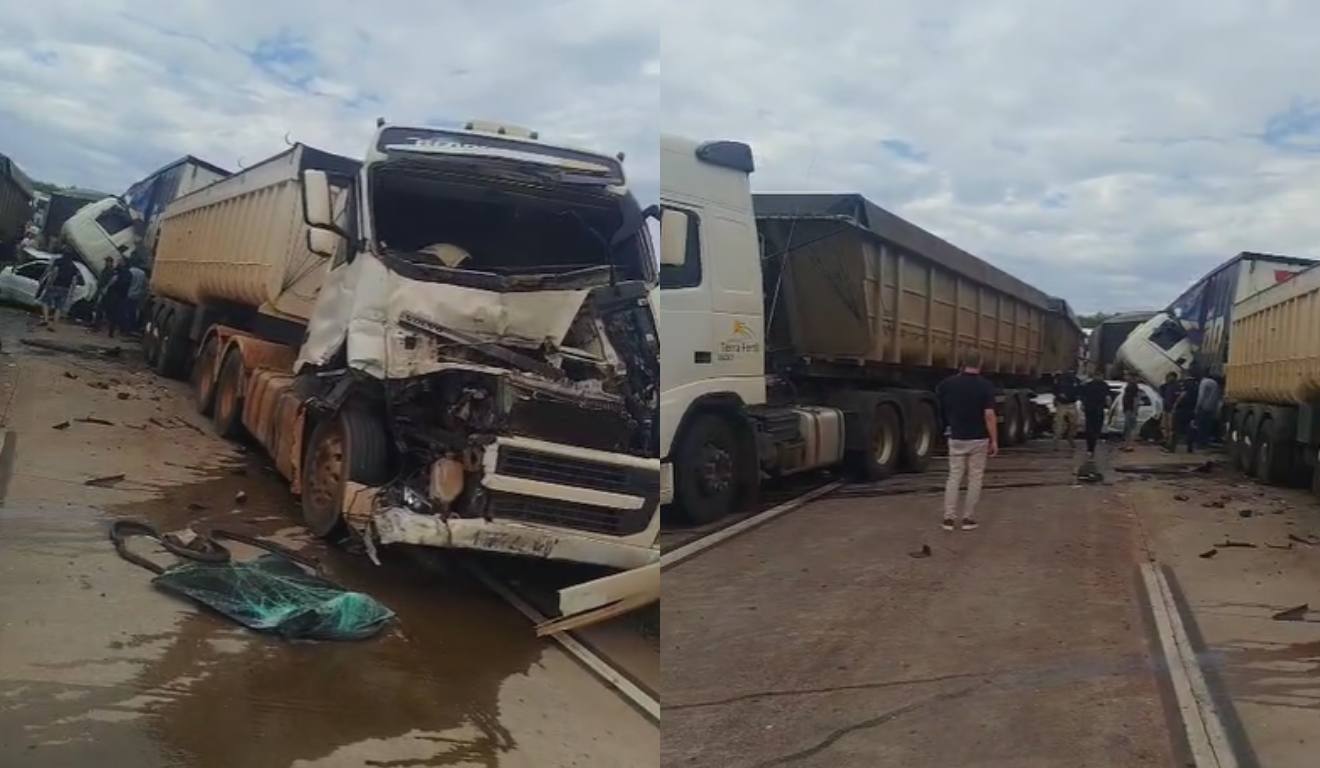 carros e caminhões batidos após grave acidente entre cinco veículos na BR-163