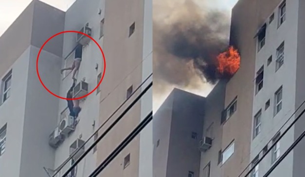 Montagem com fotos do prédio em chamas em Cascavel