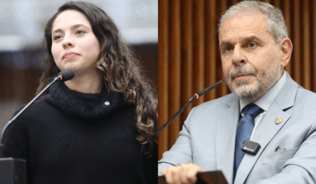 montagem da deputada Ana Júlia (PT) e do deputado Ricardo Arruda (PL), ambos durante discurso na Alep