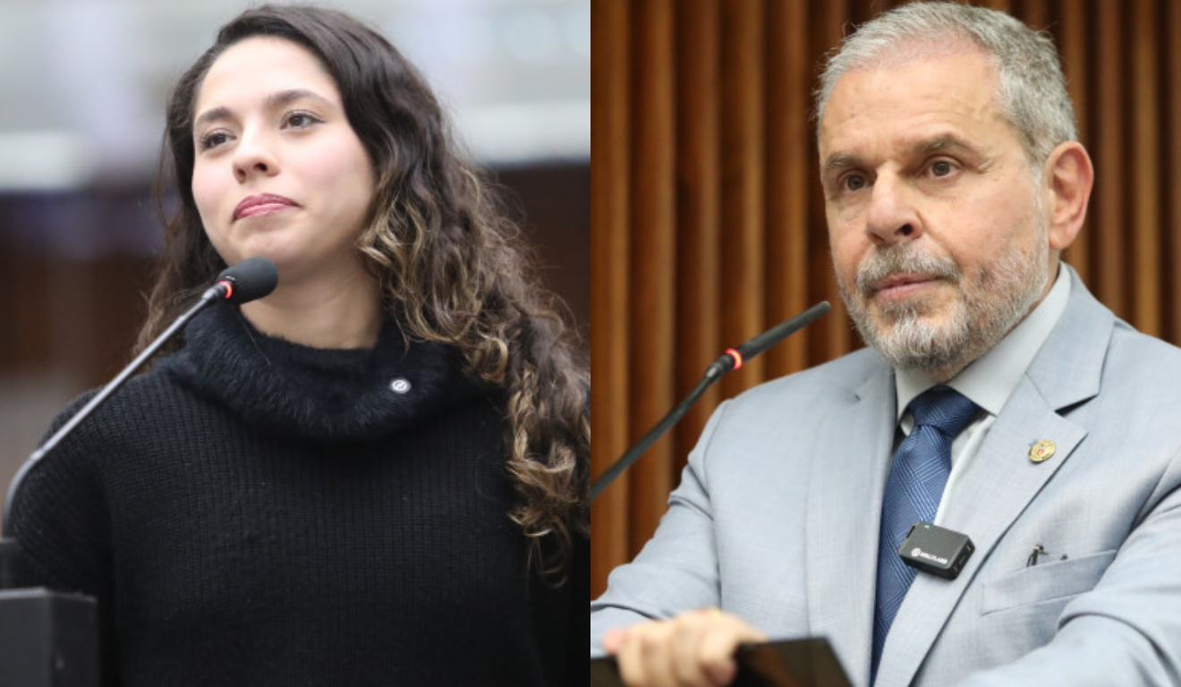 montagem da deputada Ana Júlia (PT) e do deputado Ricardo Arruda (PL), ambos durante discurso na Alep