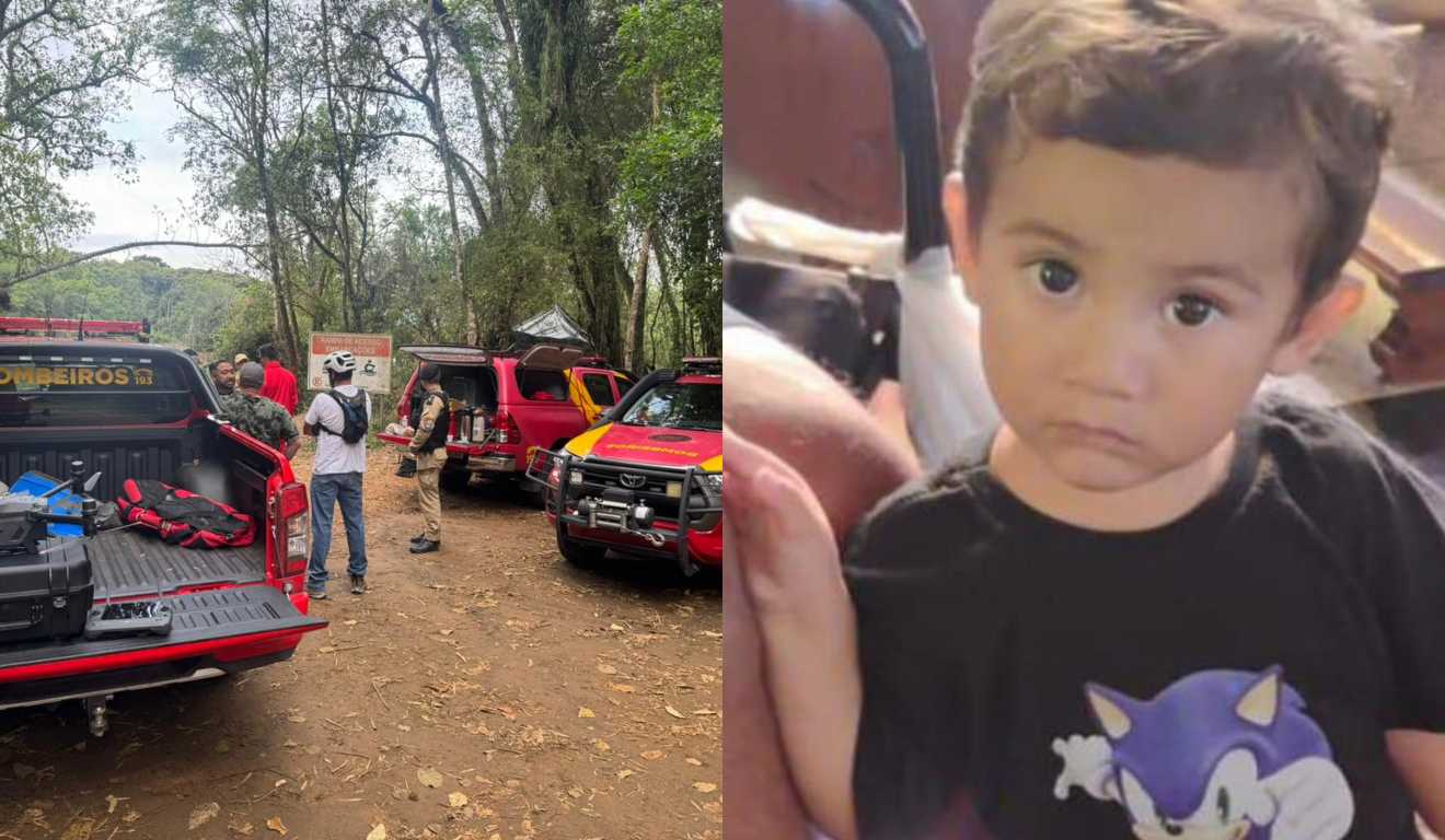 Montagem com fotos das buscas e do pequeno Arthur