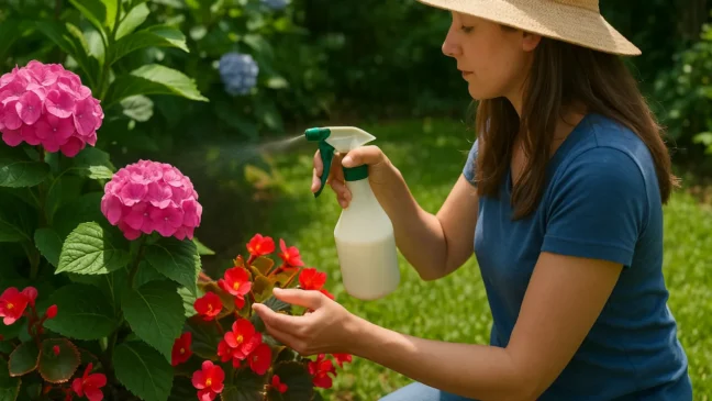 borrifar leite diluído nas folhas de hortênsias e begônias