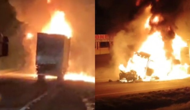 Montagem com fotos do caminhão em chamas na BR-101