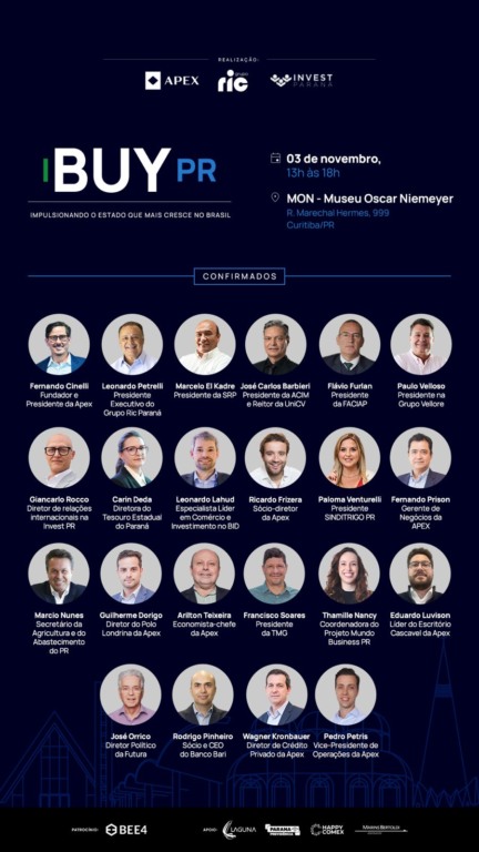 flyer de divulgação do BuyPR 2025 com todos os participantes, dentre eles Leonardo Petrelli