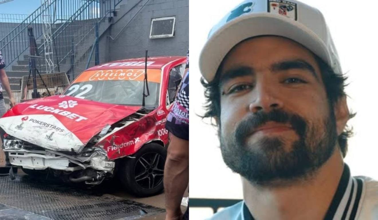 As imagens do carro danificado após o acidente foram postadas por Vitória Bohn, namorada do ator