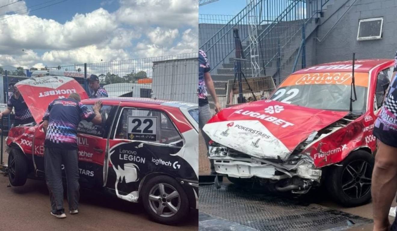 As imagens do carro danificado após o acidente foram postadas por Vitória Bohn, namorada do ator