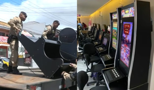 colagem com policiais militares retirando maquinas caça-níqueis em guincho com as maquinhas ao lado