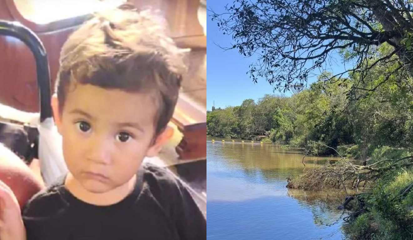 Criança olhando triste para foto, que é a crianãça que estava desaparecida em Tibagi, e rio onde ela foi encontrada morta