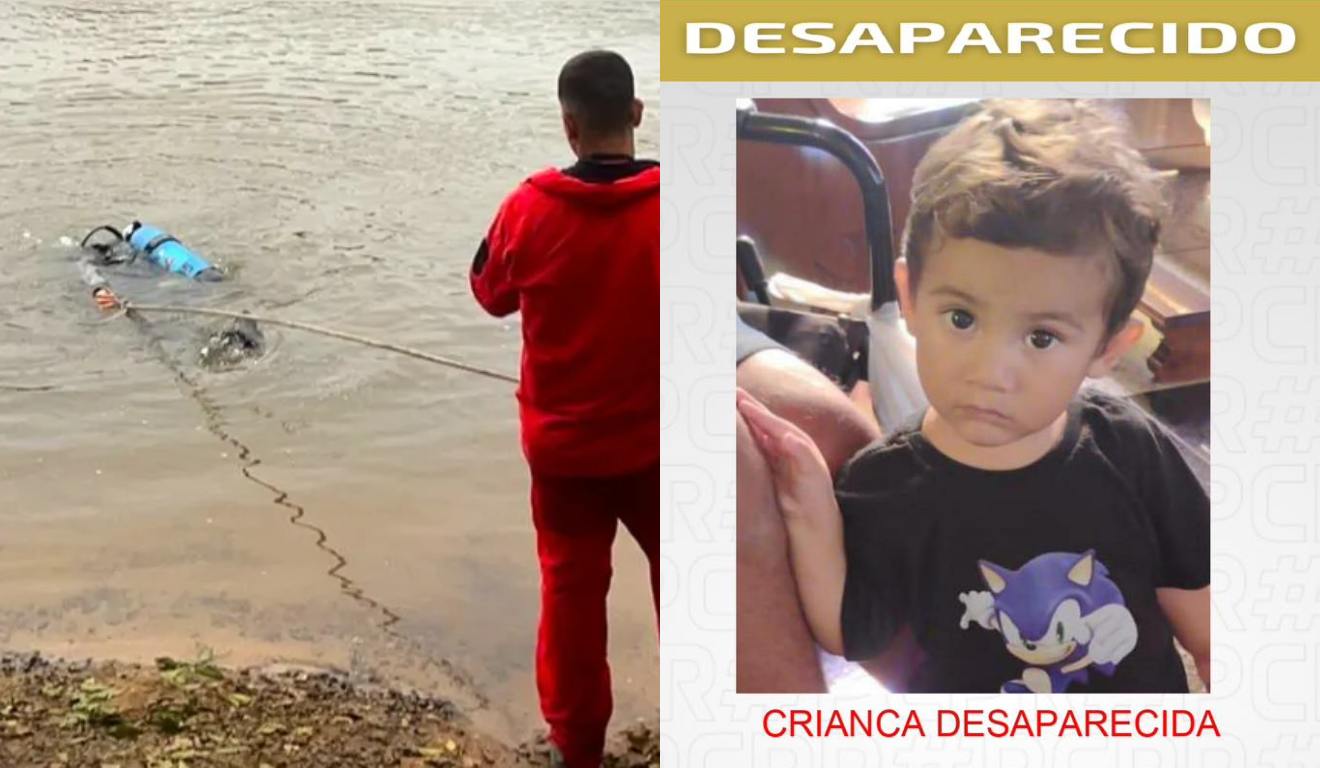 Montagem com foto da busca dos mergulhadores e do menino desaparecido em Tibagi