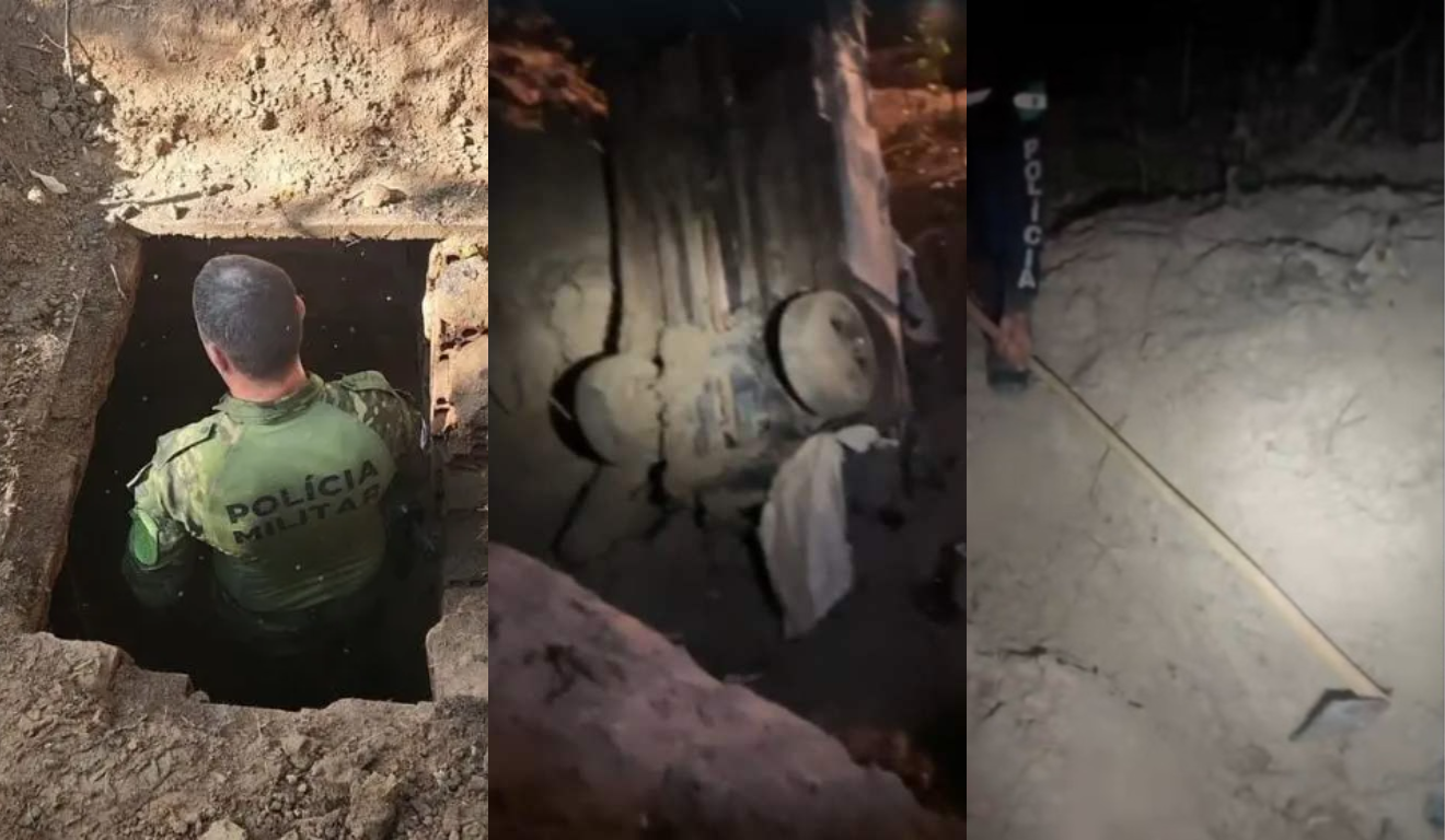 Imagem do bunker, da Fiat Toro e do local onde os corpos foram encontrados.