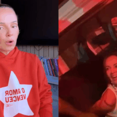 A influenciadora "Esquerdogata" foi presa por ofender policiais com injúria racial. Na imagem, à esquerda, vemos a influenciadora em um dos vídeos em seu perfil nas redes sociais. Ela é uma mulher branca e loira e usa um moletom vermelho. À direita, vemos ela após ter sido presa na viatura da polícia.