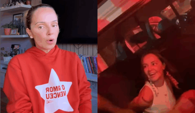 A influenciadora "Esquerdogata" foi presa por ofender policiais com injúria racial. Na imagem, à esquerda, vemos a influenciadora em um dos vídeos em seu perfil nas redes sociais. Ela é uma mulher branca e loira e usa um moletom vermelho. À direita, vemos ela após ter sido presa na viatura da polícia.