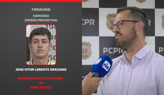 colagem com cataz de homem foragido e uma entrevista com o relegado responsável pelo caso