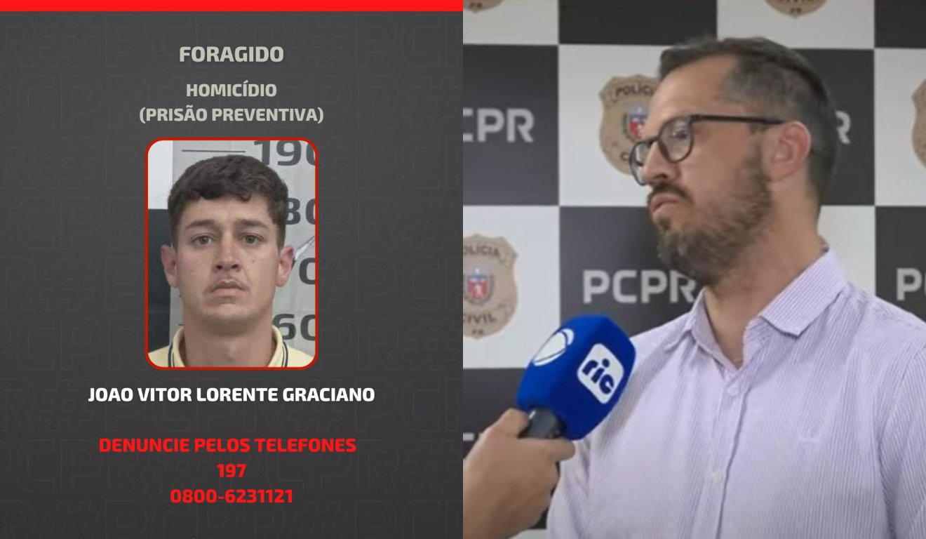 colagem com cataz de homem foragido e uma entrevista com o relegado responsável pelo caso