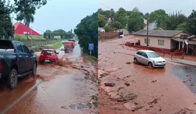 Imagem mostra forte chuva que alagou a BR-163 em montagem com duas fotos