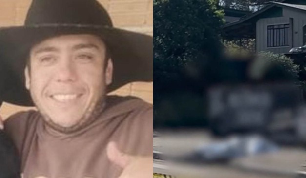 Montagem com homem encontrado morto a facadas e local do crime