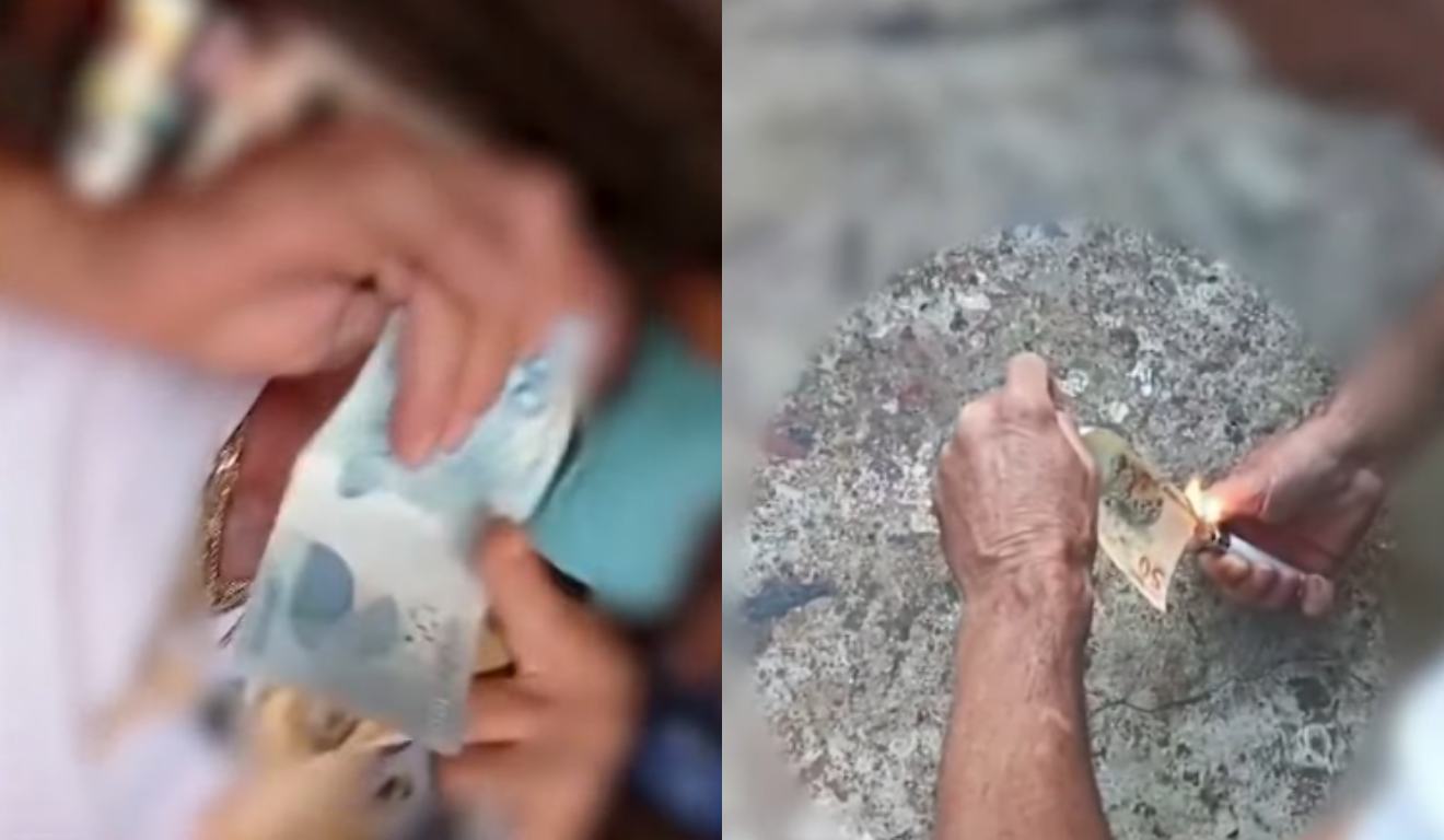 Homem rasgando e colocando fogo em notas de dinheiro