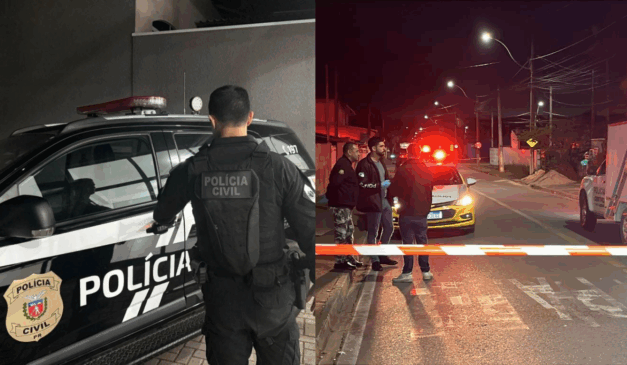 Um homem foi preso por matar um membro do PCC na Grande Curitiba. À esquerda, vemos um agente da Polícia Civil do Paraná, em frente à viatura. À esquerda, vemos o local do crime cercado pela polícia, logo após o homicídio.