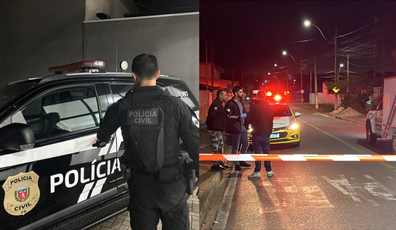 Um homem foi preso por matar um membro do PCC na Grande Curitiba. À esquerda, vemos um agente da Polícia Civil do Paraná, em frente à viatura. À esquerda, vemos o local do crime cercado pela polícia, logo após o homicídio.
