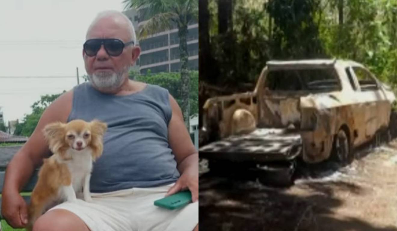 Idoso que está desaparecido com cachorro no colo e carro queimado em montagem