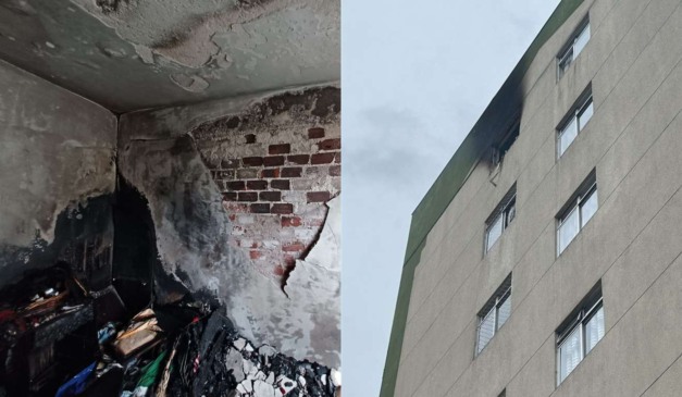 Montagem com fotos do apartamento que pegou fogo em Curitiba