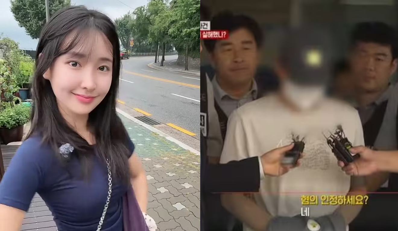 Uma influenciadora foi encontrada morta dentro de uma mala na Coreia do Sul. Na imagem à esquerda vemos Yoon Ji-ah, uma mulher branca de cabelo preto que veste uma roupa azul. À direita vemos o suspeito sendo interrogado por repórteres após ter sido preso. Seu rosto está borrado para preservar sua identidade.