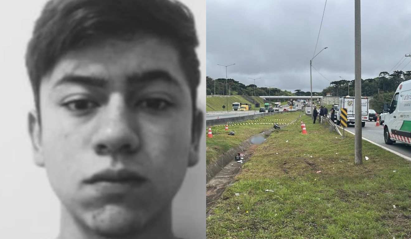 Jovem que morreu em acidente com moto na BR-376 e acidente ao lado em montagem