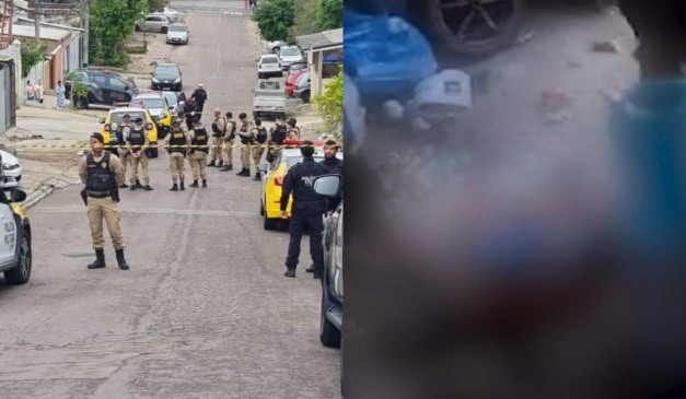 Rua bloqueada onde jovem foi morto no Parolin e momento em que ele é arrastado