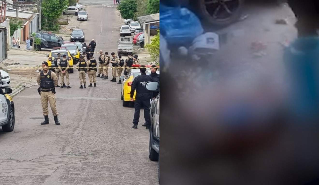 Rua bloqueada onde jovem foi morto no Parolin e momento em que ele é arrastado
