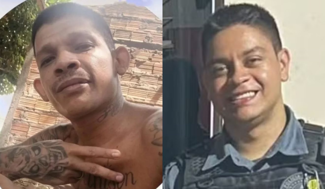Montagem com fotos do suspeito de matar um policial e do policial morto