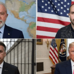 montagem com a foto de Lula, Eduardo Bolsonaro, Jair Bolsonaro e Donald Trump