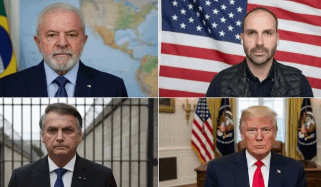 montagem com a foto de Lula, Eduardo Bolsonaro, Jair Bolsonaro e Donald Trump