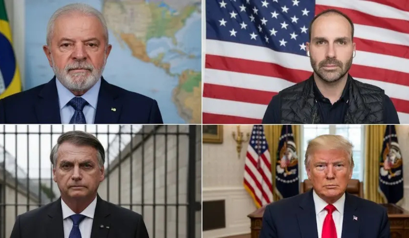 montagem com a foto de Lula, Eduardo Bolsonaro, Jair Bolsonaro e Donald Trump