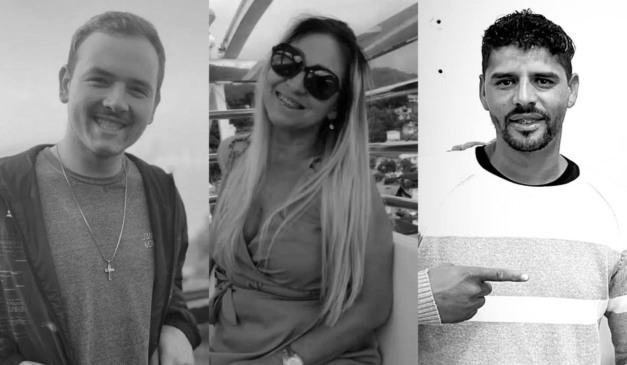 Montagem com três fotos de Gustavo Rambo (filho), Janaína Telles (mãe) e Adriano (padrasto), vítimas de acidente na BR-282