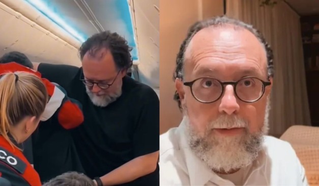 Colagem mostrando passageiro sendo socorrido e medico Carlos Bezzera Jr narrando história