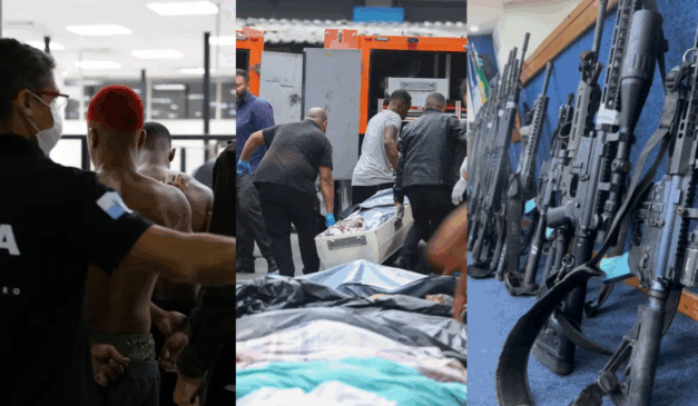 Imagem dos presos, mortos e dos fuzis apreendidos.