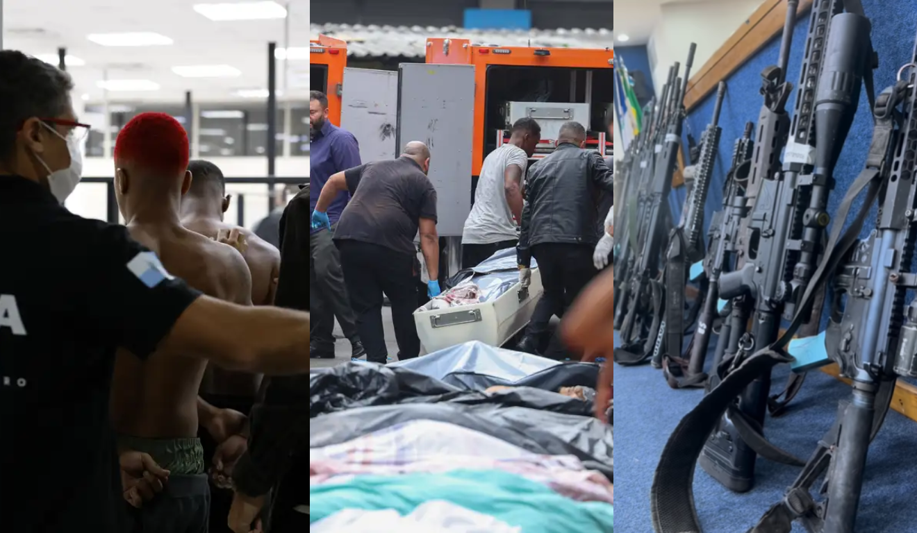 Imagem dos presos, mortos e dos fuzis apreendidos.