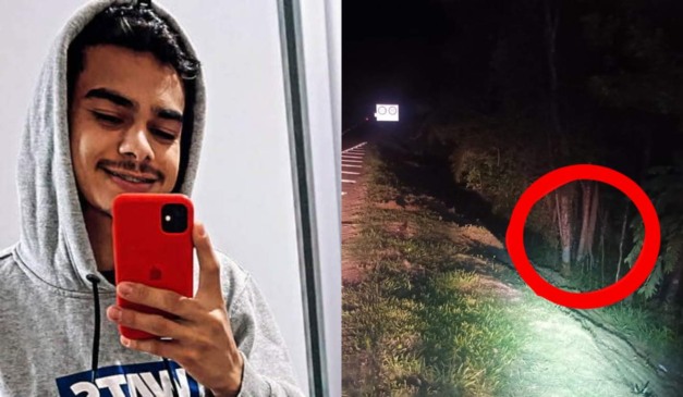 Montagem com fotos de Kauã de Camargo dos Santos e do local do acidente na BR-373