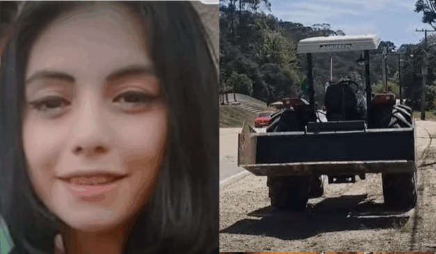 Uma motociclista morreu após colidir contra a traseira de um trator. Na imagem, à esquerda, vemos o rosto da vítima, uma mulher branca de cabelo preto. À direita, vemos a traseira do trator com a qual a moto colidiu.