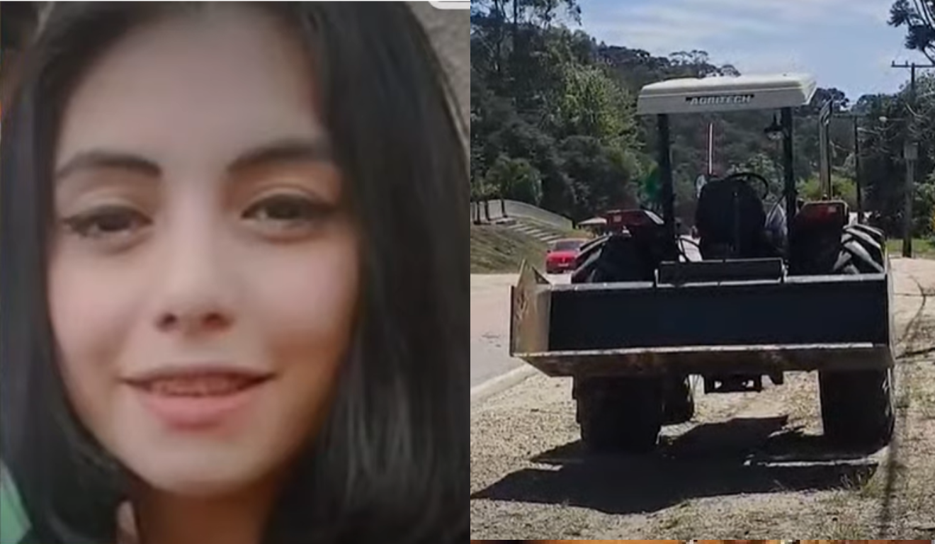 Uma motociclista morreu após colidir contra a traseira de um trator. Na imagem, à esquerda, vemos o rosto da vítima, uma mulher branca de cabelo preto. À direita, vemos a traseira do trator com a qual a moto colidiu.