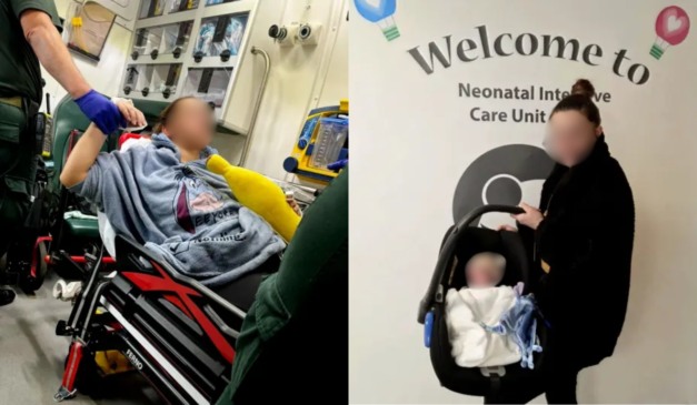 Uma mulher, com suspeita de apendicite, descobriu que estava dando à luz. Na imagem, vemos Megan, ao lado esquerdo, em maca e, ao lado direito, segurando um bebê conforto com seu filho. Megan é uma mulher branca de cabelo preto.