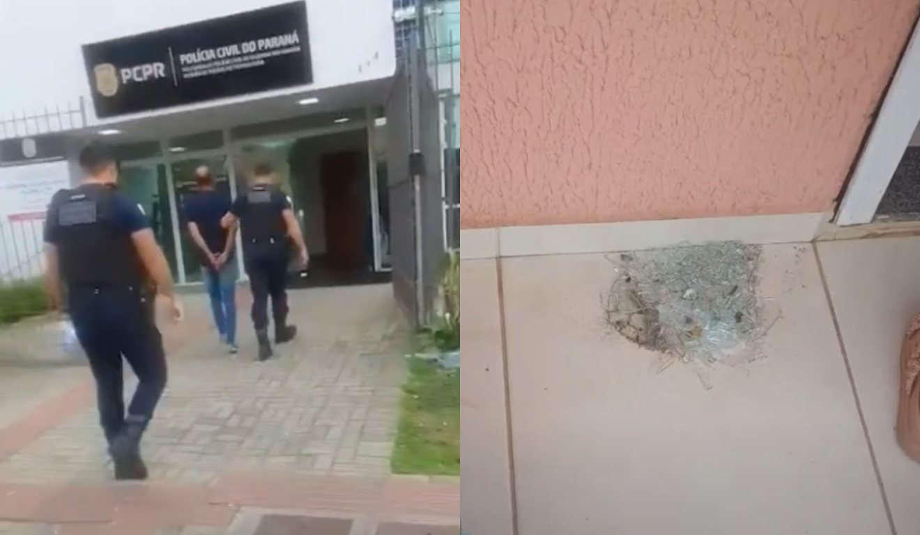 Momento em que o pai que agrediu filha e genro é preso e objeto de vidro quebrado por ele em montagem