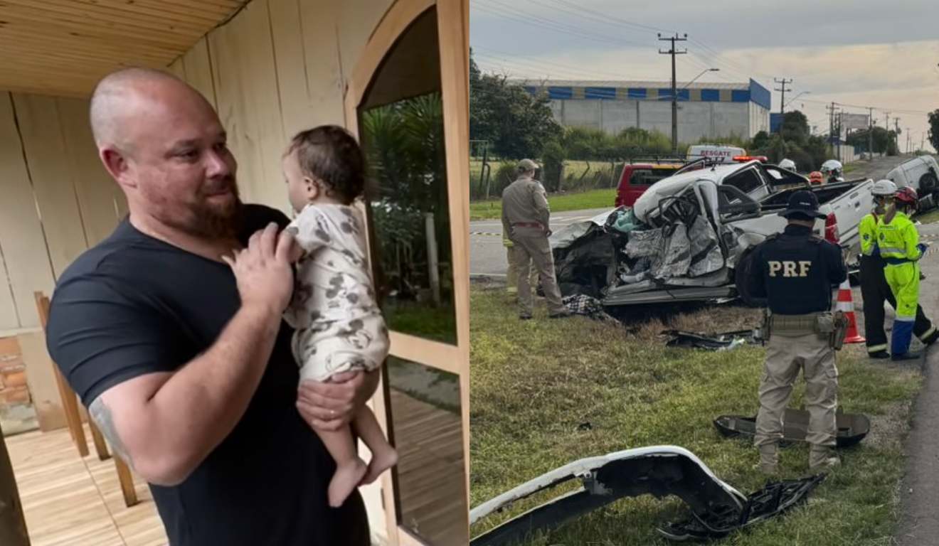 Montagem com fotos do pai com a criança vítima de acidente no colo, e da caminhonete acidentada