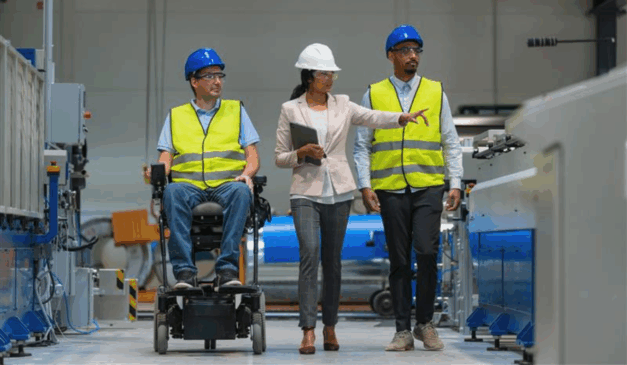 pessoas em uma fábrica, sendo uma delas cadeirante