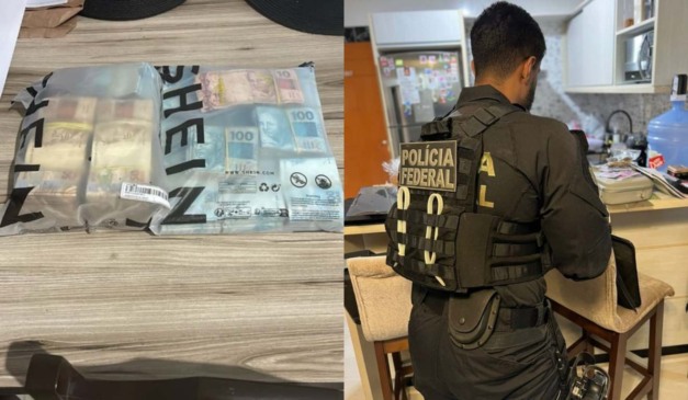 Colagem com pacotes da shein cheios de dinhero no interior com foto de policial federal de costas durante operação
