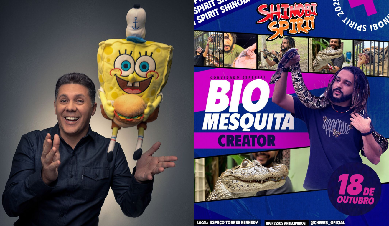 Em outubro acontece o Shinobi Spirit, um festival de cultura pop em Curitiba. Na imagem, vemos dois dos convidados, Wendel Bezerra, com uma pelúcia do Bob Esponja, e Bio Mesquita, com uma cobra sobre os ombros.